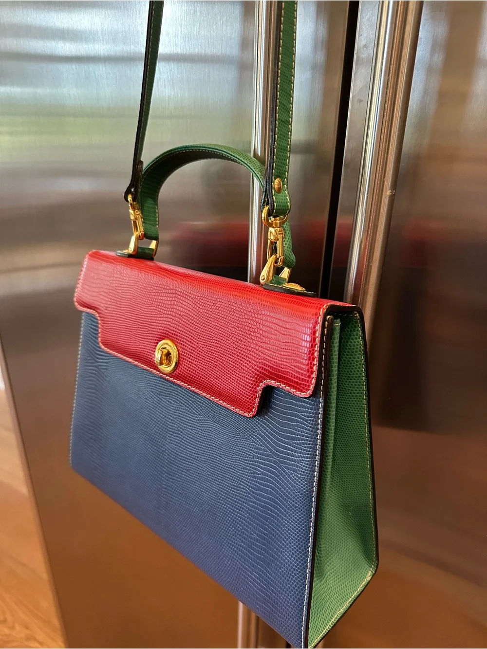 Didier Lamarthe Vintage Structured Leather Satchel in Red, Blue & Green